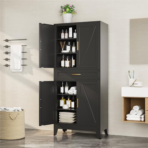 Image of Bevivog Tall Pantry Storage Cabinet with Drawers, Metal Storage Cabinet with Doors and Shelves, 4 Doors Freestanding Cupboard Cabinets for Office /Pantry /Living Room