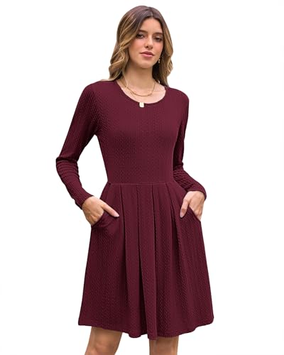 AUSELILY Long Sleeve Dress Women 2025 Crew Neck Fall Dresses Casual Knee Length Dress with Pockets2