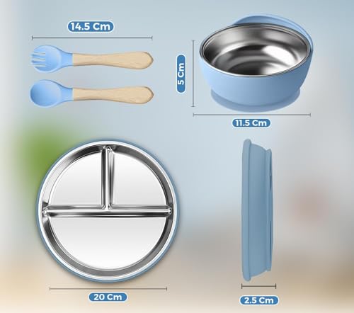 Image of NYALA Stainless Steel Toddler Plates Silicone Suction, Non-Slip Baby Plates BPA Free,Unbreakable Dishwasher Safe (Blue, Plate + Bowl)