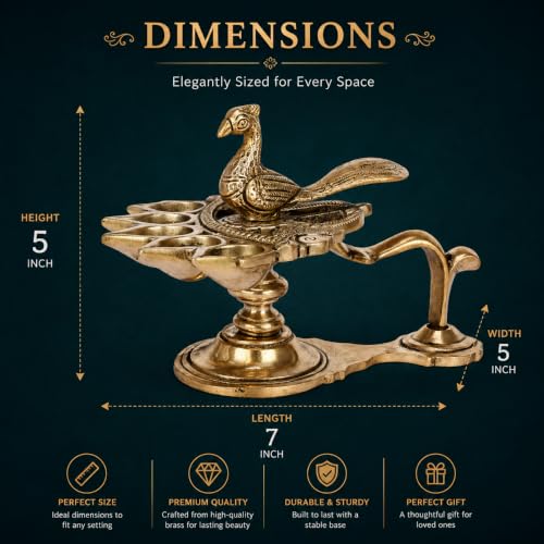 Image of Kartique Brass Peacock Panch Aarti Diya | 5 Wick Puja Deepam with Handle