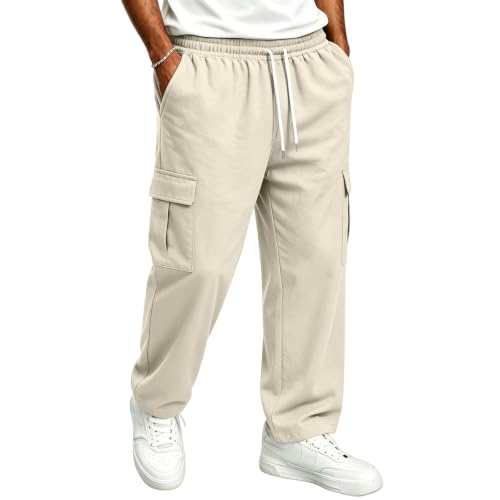 Image of Cargo Trousers for Men Wide Leg Pants Multipockets Joggers Straight Trouser