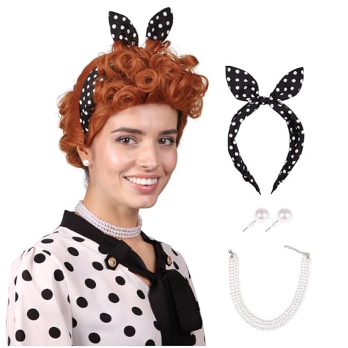FantaLook Light Auburn Wig with Headband Earrings and Necklace Costume 50S Housewife Cosplay Wig for Halloween