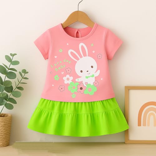 Image of Kidbea Baby Girl Bunny Print Cotton T-Shirt with Green Skirt Set | Cute & Comfy Casual Wear for Infant & Kids (Pink, 18-24 Months)