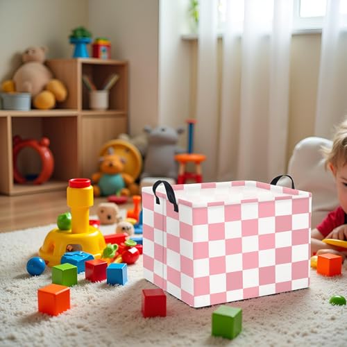 Image of Rectangular Baby Girl Basket Fabric Storage Basket Storage Bin Organizer Box Room Decor(Pink Checkered)