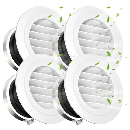 TIHCXNY Soffit Vents 4 Inch, Round Exhaust Air Vent Cover with Built-in Fly Screen for Bathroom Kithchen Office Home, White 4P