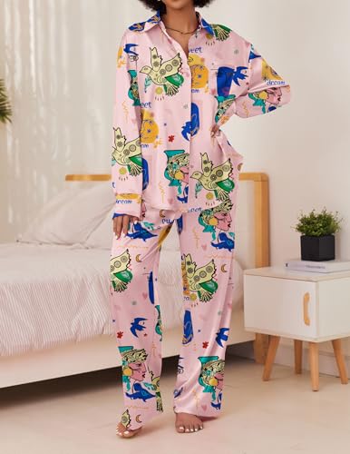 Ekouaer Womens Satin Silky Pajama Set 2 Piece Print PJs Soft Loungewear Button Down Sleepwear with Elastic Waist Long Pants