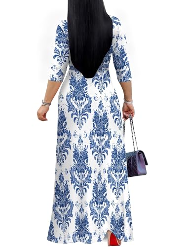 Image of Women's V Neck Floral Maxi Dress 3 /4 Sleeve Plus Size Boho Wrap Flowy Long Dresses with Belt