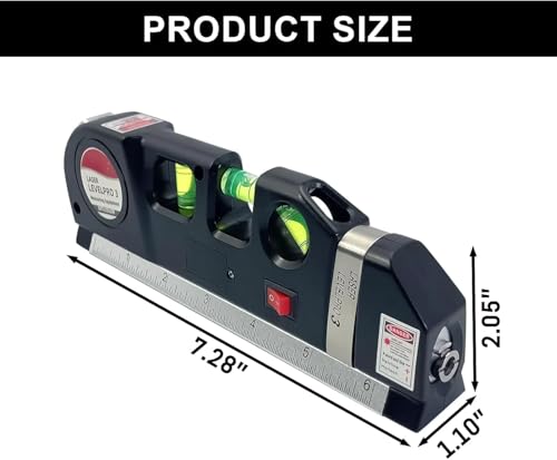 Image of 3-in-1 Laser Level Ruler, Professional Measuring Tool with 8ft /250cm Tape, Vertical and Horizontal Bubble Levels (Black)