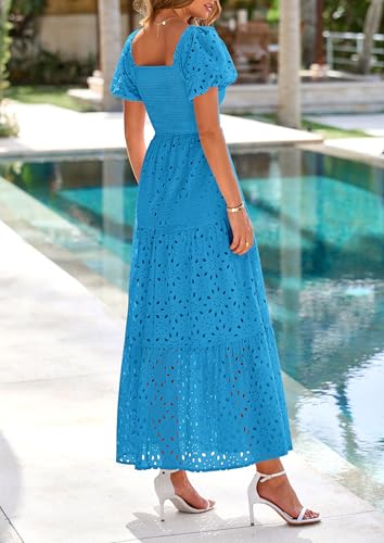 Image of PRETTYGARDEN Summer Dresses for Women 2026 Eyelet Square Neck Puff Sleeve Smocked Wedding Guest Maxi Dress with Pockets