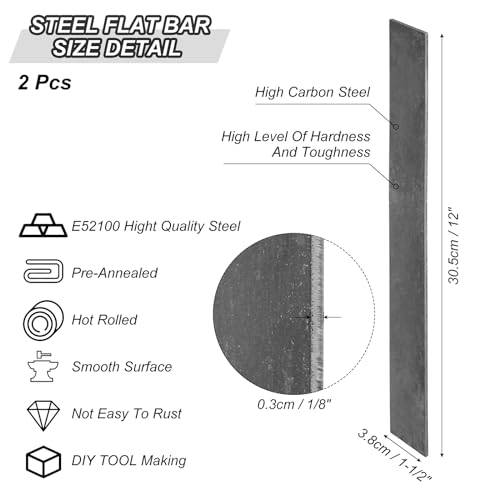 PATIKIL E52100-Stahl für die Messerherstellung, 2er-Pack 12 x 1-1/2 x 1/8 warmgewalzter Flachstahl Stahlblech für DIY-Blankblech, professionelle und Hobbynutzung