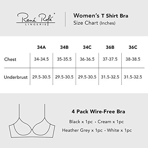 René Rofé Lingerie Women's 4 Pack Soft Foam Wireless Soft T Shirt Bra (Basic 4 Pack, 36D) #TOP6