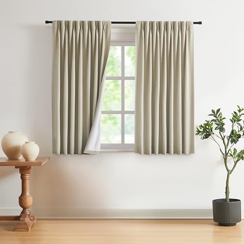 Image of Vision Home Sand Pinch Pleated Full Blackout Curtains Linen Blended Room Darkening Window Curtains 63 inch for Living Room Bedroom Thermal Insulated Pinch Pleat Drapes with Hooks 2 Panel 40 inch Wx63 L
