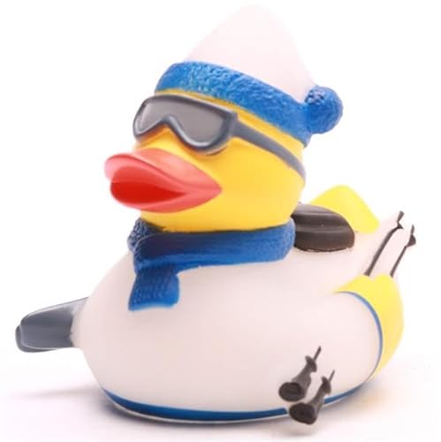 Duckshop Pato de baño para esquiadores, color blanco/azul, longitud: 8,5 cm, regalo para deportes de invierno