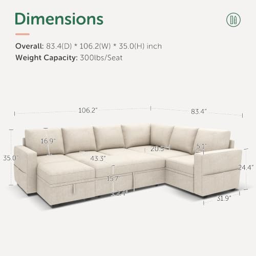 Image of HONBAY Modular Sectional Sleeper Sofa with Pull Out Bed, U Shaped Sectional Couch with Storage Ottoman, Sleeper Sectional Couches for Living Room, Beige