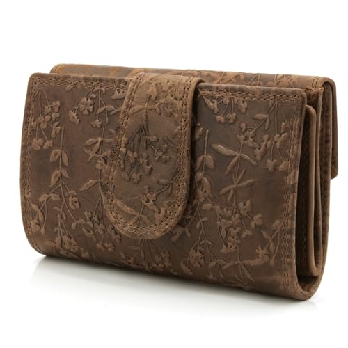 ekavale Frauen-Portemonnaie mit Blütenmuster, Leder Geldbörse für Damen mittelgroß, Riegelverschluss, RFID-Schutz (Dunkel-Braun)