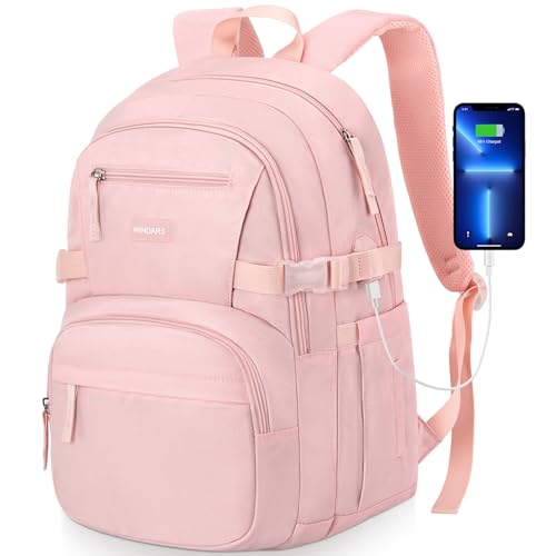 Image of WINDARS Backpack for School Girls, Cute High School Backpacks for Teens Women Student Large Bookbag 15.6 Inch Laptop Bag with USB Charger Port for College Work Travel Trip (Pink)