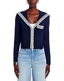 EZAPINE Women's V Neck Cardigan Sweaters Cropped Sailor Collar Button Up Knit Long Sleeve Open Front Coat Blue