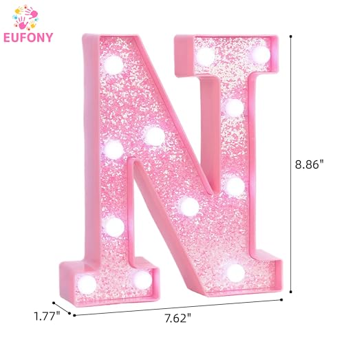 Image of Pink Marquee Light Up Letters, Glitter Alphabet LED Letter Lights for Pink Birthday Party Decorations, Battery Operated Letter Sign for Girls Room Vanity Table Decor, Cool White Lights Letter N