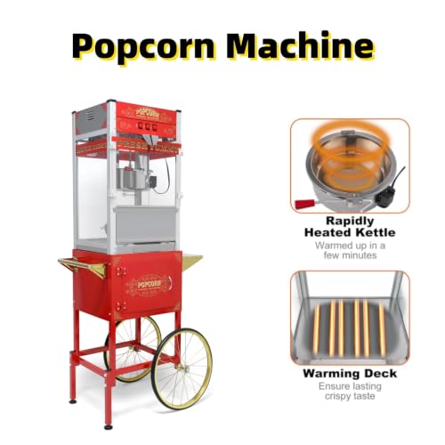 Image of Popcorn Machine with Cart, 20 Oz Kettle, Vintage Popcorn Maker with Storage Cabinet Scoop, Oil Spoon & 3-Switch Control, Movie Theater Style Popper for Commercial Home, Red