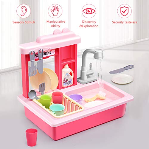 Kids Kitchen Play Sink Dishes Toys, Electric Dishwasher Playing Sink Toy with Running