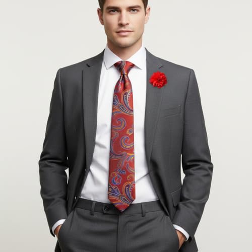 Image of 5PCS Mens Silk Designer Tie, Pocket Square, Cufflinks, Drilled Tie Ring and Lapel Pin Set for Wedding Groom Party