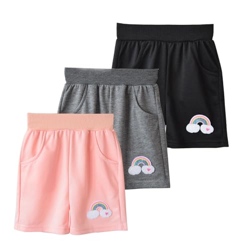 ACMEDE Lot de 3 Shorts et Bermudas pour Enfants Filles avec Motif Arc-en-Ciel Bébé Fille Loisirs été Sweatpants Pantalons Courts Coton avec Poche Pull-on Short Couleur Pure Bermudas, 1-10 Ans