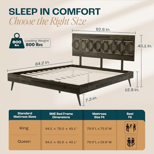 Image of Bme Georgina Signature Mocha Bed Frame, Queen Bed Frame and Headboard Handcrafted Geometric, Mid Century Modern, Solid Acacia Wood, No Box Spring Needed, 12 Strong Wood Slats Support, Easy Assembly