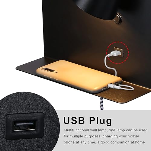 Image of SUNLLOK LED Wall Lamp with USB Charging Port Case, Modern Reading Wall Sconces with Shleves, Adjustable Lampshade Source Warm White Wall Mounted Lamp Decoration for Living Room, Bedroom, Black