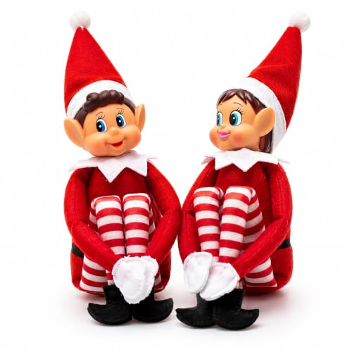 GLOW - Juego de 2 elfos de Navidad traviesos, figura de elfo juguetona con cuerpo suave, cara de vinilo, agarre de gancho y bucle, elfos Behavin' Badly Christmas Family Elfie Elvie Toy Boy Girl