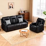 COMHOMA Living Room Furniture Set,Faux Leather Manual Recliner Sofa Sets with Cup Holders,Reclining Couch,Loveseat and Armchair,3+1,Black