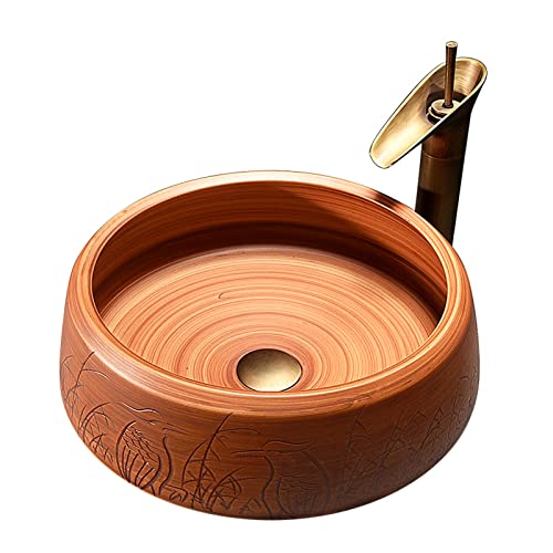 asdchZen Fregadero Redondo De Cerámica con Textura De Madera, sobre Encimera, con Grifo Y Desagüe Automático, B, B