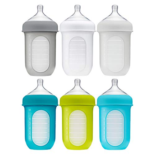 Boon, NURSH Reusable Silicone Pouch Baby Bottles for Air-Free Feeding with Stage 2 Medium Flow Nipple, 8 Ounce (Pack of 6)