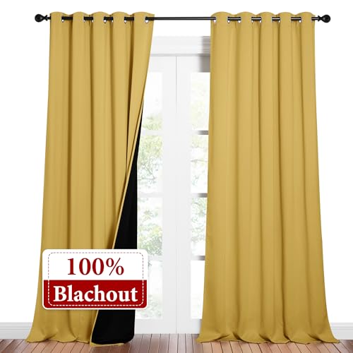 Image of NICETOWN Total Shade Curtains and Draperies, Heavy-Duty Full Light Shading Drapes with Black Liner Backing for Villa /Hall /Dorm Window（Bright Yellow, Package of 2 Panels, 62 inch Wide x 95 inch Long