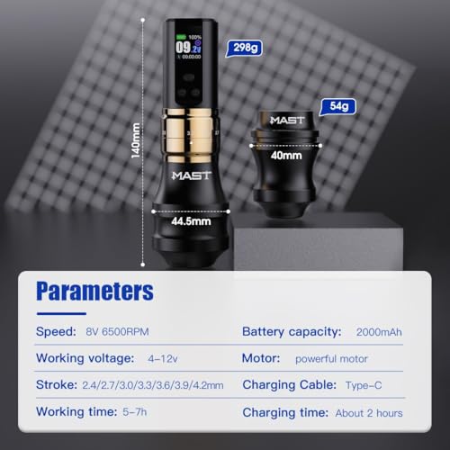 Image of Mast Fold2 Pro Wireless Tattoo Machine, Rotary Tattoo Gun Pen, 2 Grips 40mm & 44mm, Mcore-C1 Powerful Motor, 7 Strokes Length (Gold + Extra Grip)