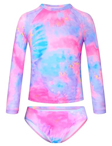 Image of TENVDA Girls Swimsuit Long Sleeve Rash Guard Sets UPF 50+ Two Piece Bathing Suits Size 3-12 Years