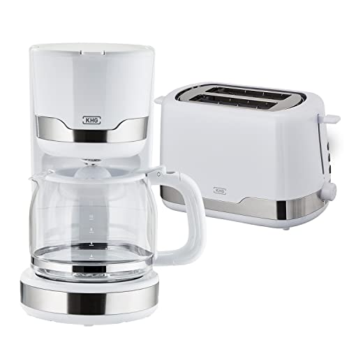 KHG Kaffeemaschine und Toaster Set 2-teilig in weiß, 1.000 & 850 Watt, Frühstücksset mit Kapazität 1,5 Liter & 2 Scheiben Toast, Küchenset mit Permanentfilter & Krümmelauffang