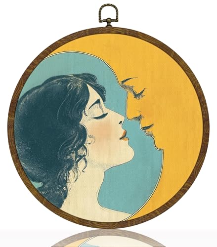 Vintage Celestial Round Wall Art,Romantic Moon Girl Canvas Prints Circular Artwork,Surreal Moon and Lady Hanging Decor for Bedroom Gallery or Dreamy Space, Unique Gift for Women 10x10Inch (lake blue)