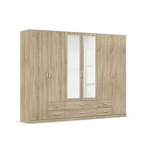 Rauch Möbel Gamma Schrank Drehtürenschrank Kleiderschrank in Eiche Sonoma, Holz, Spiegel 6-türig, 6 Schubladen, inklusive Zubehörpaket Basic 3 Kleiderstangen, 3 Einlegeböden BxHxT 271 x 210 x 54 cm