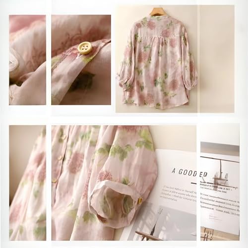 Image of Gufrina Women's Light Rose Floral Printed Button Down Shirt with Mandarin Collar and Relaxed Fit 3 /4 Sleeves