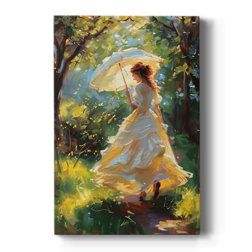 Renditions Gallery Wall Paintings For Lounge Woman with Parasol Beautiful White Dress Walking through Forest Canvas Artwork Wall Hangings for Home Kitchen Bedroom - 8" X 12" LT565