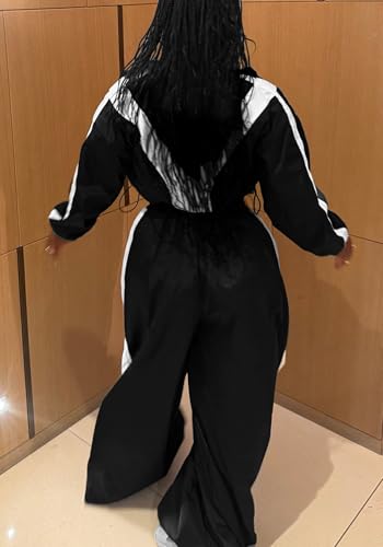 Women Sweatsuits 2 Piece Outfit Color Block Crop Zipper Tops & Elastic Waist Wide Leg Pants Sets Streetwear Tracksuit4
