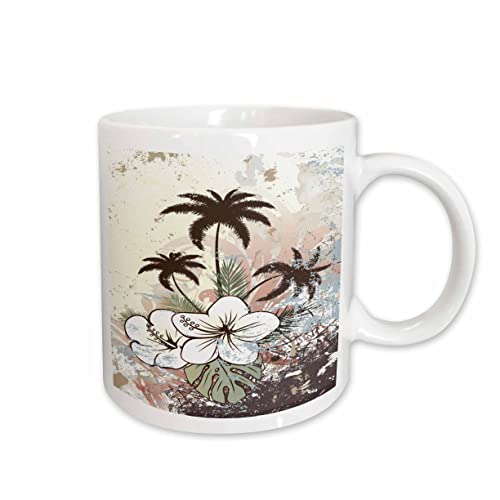 3dRose White & Deep Purple Hawaiian Flowers With Palm Trees 15oz Mug