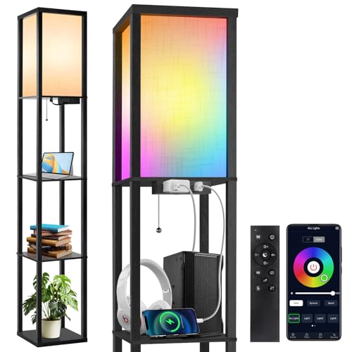 OUTON RGB Floor Lamp with Shelves, Dimmable Floor Lamp with Remote & App, 16 Million DIY Colors, Charging Station, LED Column Tall Standing Lamp for Living Room, Bedroom Office