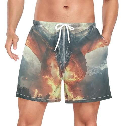 Fantasy Dragon Fire Mens Swim Trunks with Liner, Cool Quick Dry Beach Swim Shorts, Swimwear Bathing Suits S