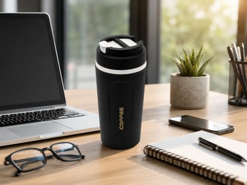 Image of Kitchivo Multipurpose Insulated Travel Mug - 350ml | Double Wall Stainless Steel Flask for Coffee, Tea & Milk | 100% Leak-Proof | Keeps Hot & Cold for Hours | Car Friendly (Black)