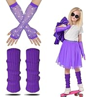 AffeGifts Neon Leg Warmers Kids, Kids 80s Purple Knitted Warm Leg Warmers With Neon Fishnet Gloves 80s Costume Accessories Set For Girls Fancy Dress 1980s Theme Party (Purple, 1)