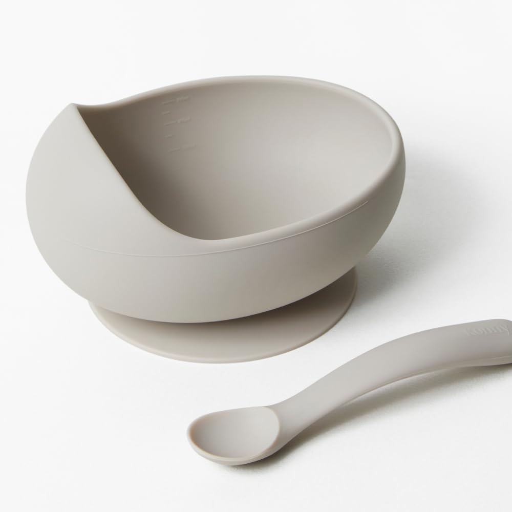 Konny Baby Bowl Microwaveable Silicone & Spoon Set, Self Feeding Essentials Baby Led Weaning Supplies - Oatmeal