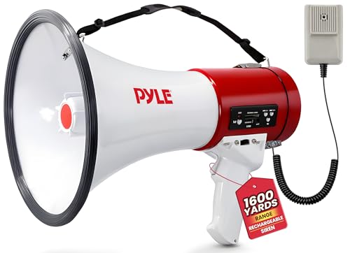 Pyle Megaphone with Siren Bullhorn 50 Watt - Bullhorn Speaker with Detachable Microphone, Portable Lightweight Strap & Rechargeable Battery - Professional Outdoor Voice for Police & Cheerleading (PMP57LIA), White, Large