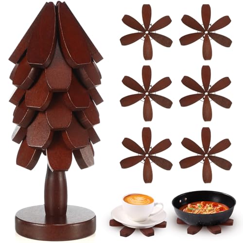 Yerliker Juego de 12 salvamanteles de madera para platos calientes, 12 salvamanteles de madera y 2 soportes, juego de salvamanteles en forma de árbol para ollas, sartenes, platos, tazas, cuencos,