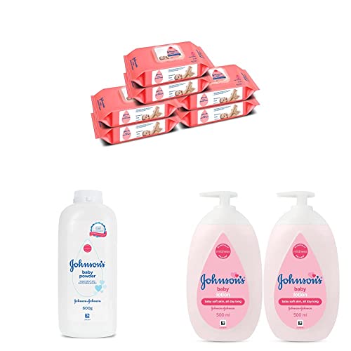 Image of Johnson's Baby Skincare Wipes with Lid, 72s Twin Pack (Buy 2 Get 1 Free) (432 Wet Wipes), White & Johnson's Baby Powder, 600g & Johnson's Baby Lotion 500ml (Pack of 2)